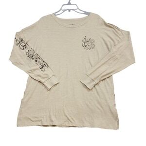 Natural Life Graphic Tee Womens Medium Tan Live Happy Long Sleeve Slub Cotton